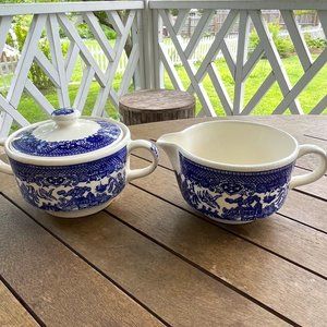 Vintage Blue Willow Creamer and Sugar Bowl with Lid -Unmarked